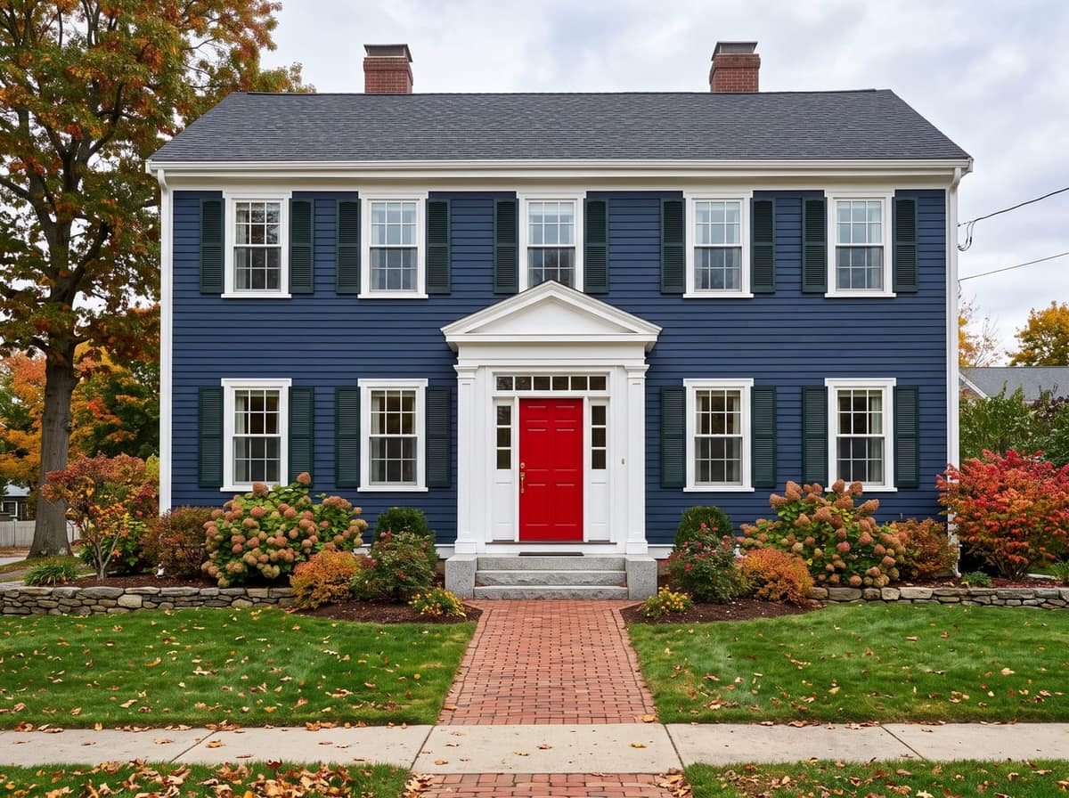 A colonial home freshly painted navy blue with white trim